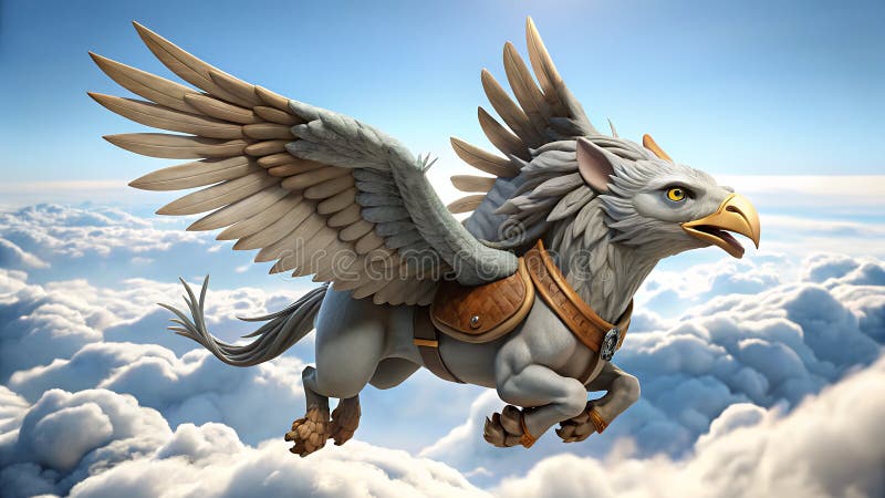 Majestic griffin som flyger genom moln mythiskt beast i skymningen med öppen bild Generative AI vektor illustrationer