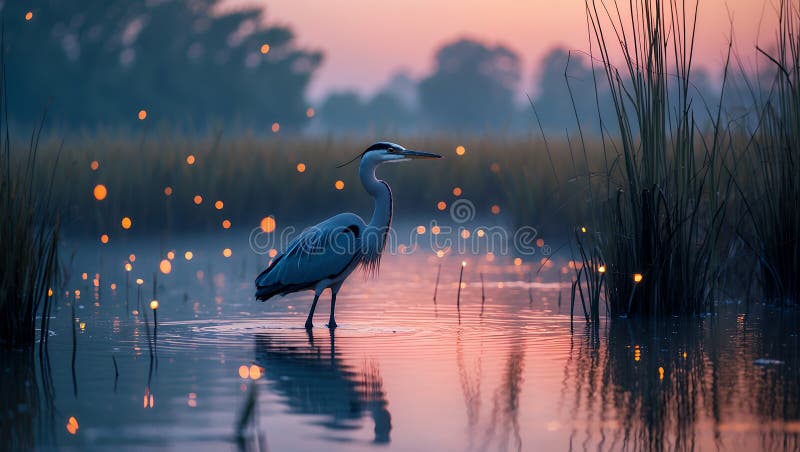 Majestic Heron vid Sunset i en Firefly Lit Marsh stock illustrationer