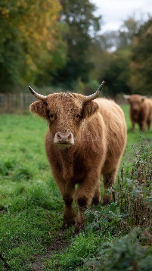 Majestic Highland Cattle Grazing on a Lush Green Wiese with Trees in Background.