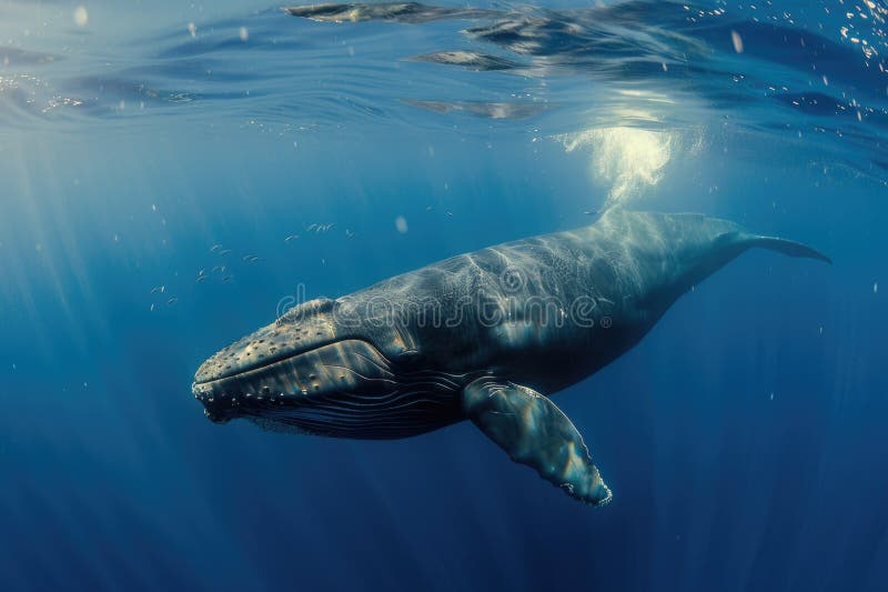 Majestic humpback whale gliding beneath sunlit ocean surface AI royalty free stock images