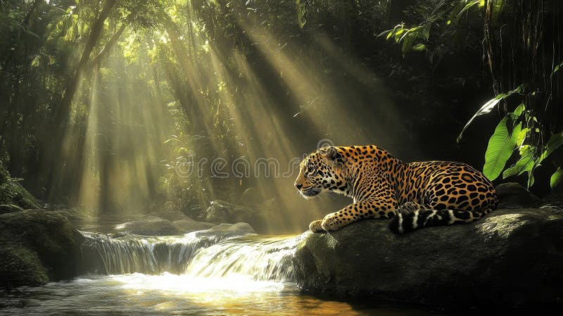 Majestic Jaguar in Sun Dappled Rainforest Stream royaltyfri illustrationer