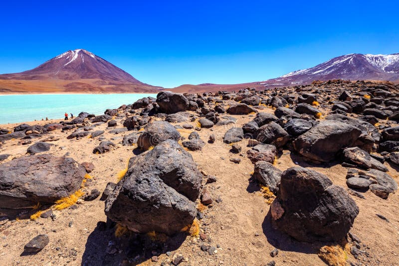 The majestic Laguna Verde or Green Lagoon in the altiplano of Bolivia with the Licancabur volcano in the background near the Salar