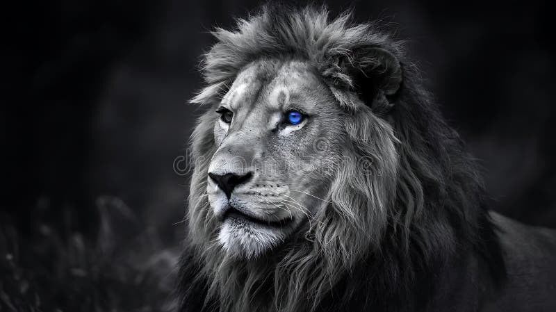 Majestic leu negru cu ochi albaștri strălucitori holbându-se intens stock illustration