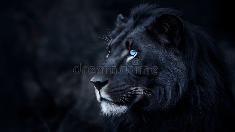 Majestic leu negru cu piercing ochi albaștri în întuneric royalty free illustration