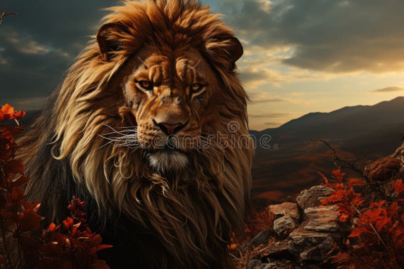 Majestic lion surrounded by nature. Generative AI stock illustration
