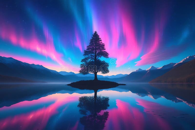 Majestic lone tree silhouette vibrant aurora borealis sky colorent nebula clouds Bergslandskap stock illustrationer