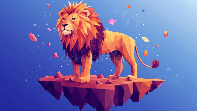 Majestic Low Poly Lion on on Floating Island vektor illustrationer