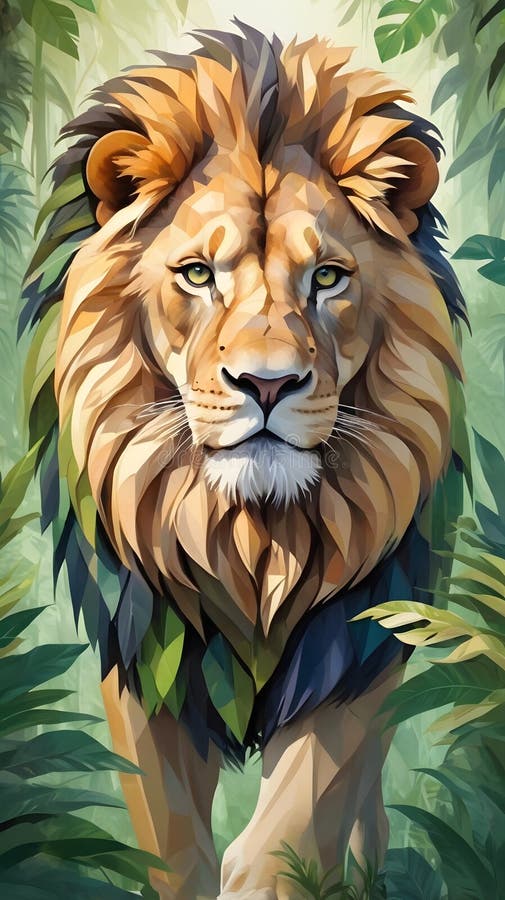 Majestic LowPoly Lion in Lush Jungle ndash Geometric Digital Art of a Powerful Predator for Prints&Design Projects. Geometrisk digital konst av en lion som återges i lågpolformat med vinkelformer och fasetter som ger ett tredimensionellt utseende. Lejonet ställs mot en lush djungelbakgrund med varierande blad av grönt löv som ökar dess huvudsakliga närvaro. Manen har skarpa toner som blandas med den vibrerande djungeln och ger den ett sömlöst enhetligt utseende. Lejonens intensiva blickar och strukturerade funktioner framkallar en känsla av makt och elegans som är perfekt för konstnärliga utskrifter.