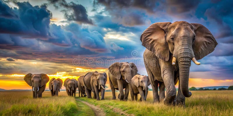 Majestic Matriarch leder hennes Serengeti Elephant-familj en mäktig symbol för afrikanskt vilt stock illustrationer