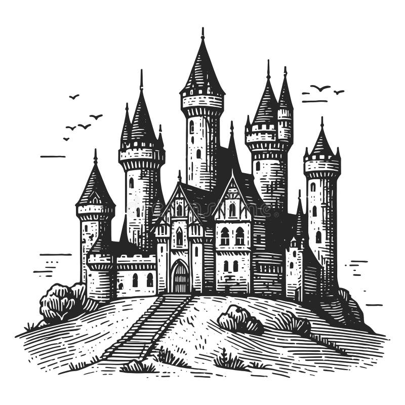 Medieval Castle engraving vector illustration stock illustration