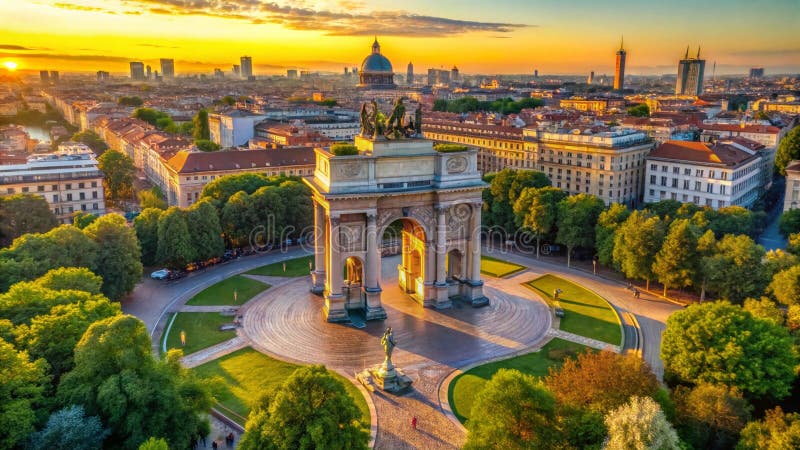 Majestatyczny łuk w Mediolanie: Widok z drona na Arco della Pace ujawnia architektoniczny splendor royalty ilustracja