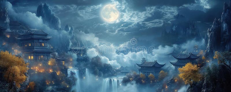 Majestic moonlit landscape with ancient architecture and cascading waterfalls in a serene, mystical setting under a stock images