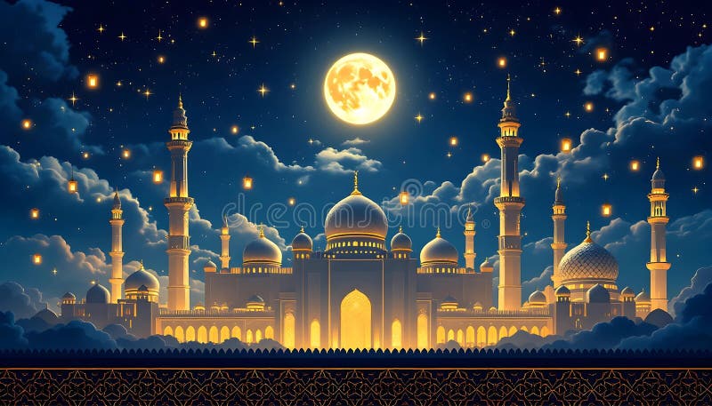 Majestic Moschee am Abend unter Vollmond von AI generiert. Eine atemberaubende Abbildung einer großen Moschee in der Nacht gebadet im warmen Glühen von Laternen und beleuchtet von Vollmond.