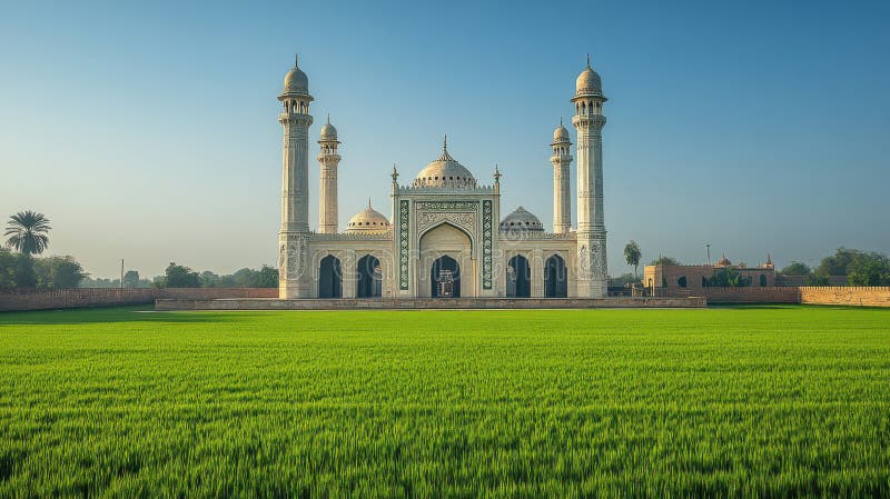 Majestic mosque with intricate architecture surrounded by lush green field under clear blue sky on a serene day stock illustration