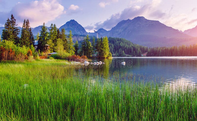 Majestic mountain lake in National Park High Tatra. Strbske pleso, Slovakia, Europe.