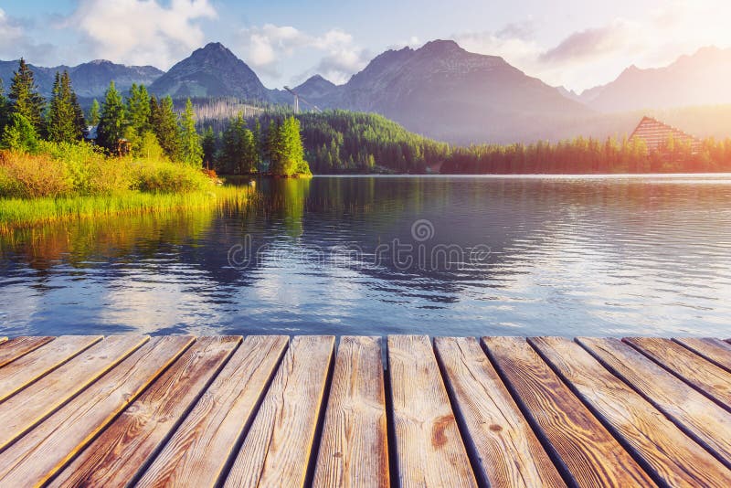 Majestic mountain lake in National Park High Tatra. Strbske pleso, Slovakia