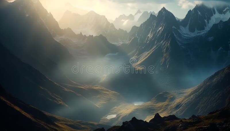 Majestic Mountain Peak High Up In Sky Generated By Ai Stock Image