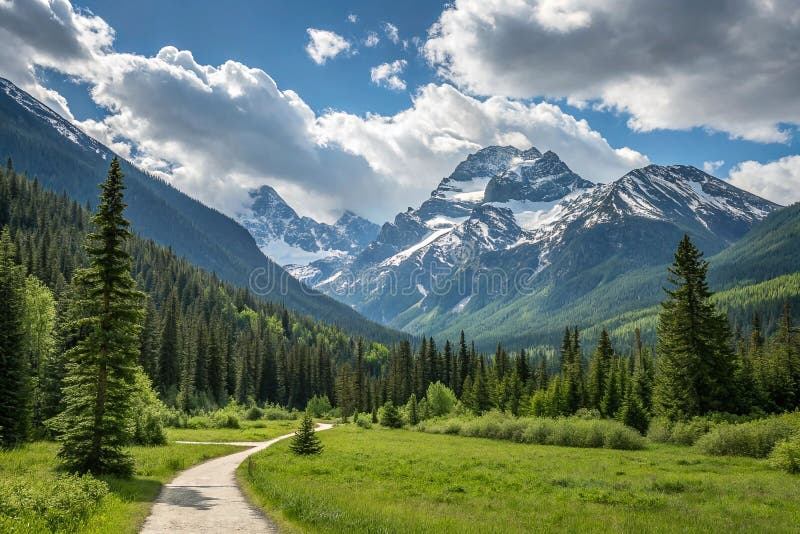 Majestic mountain range with a scenic trail royalty free illustration