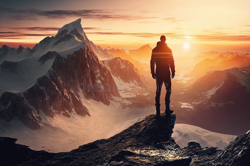 Majestic Mountain Range with the Sun Setting in the Distance, and Man