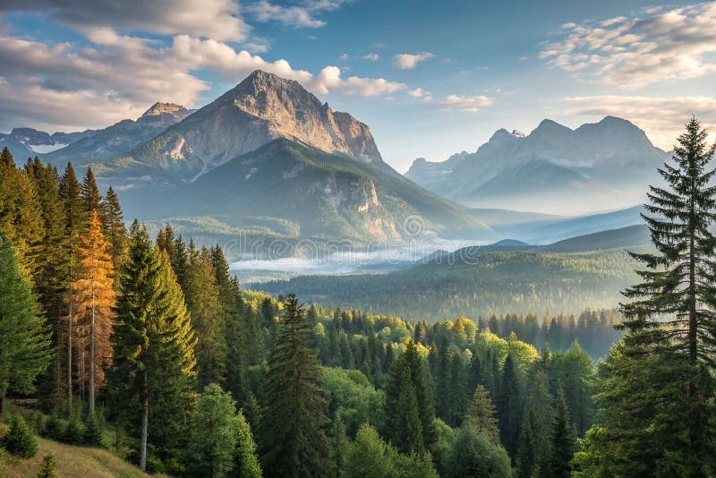 Majestic mountain range at sunrise, misty valley, coniferous forest vector illustration