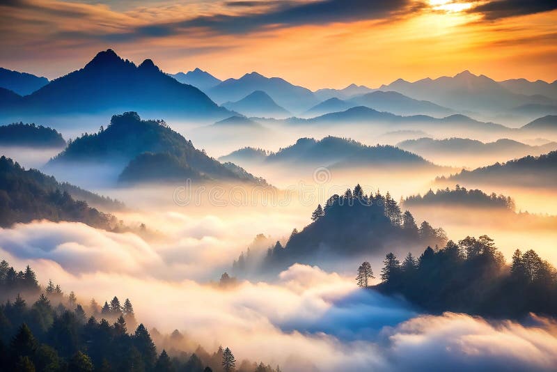 Majestic mountain range sunrise through morning mist royalty free illustration