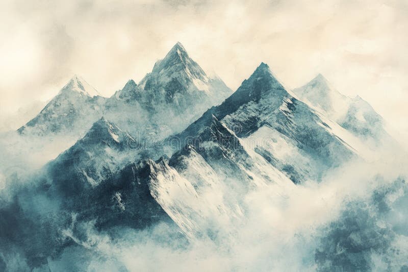 Majestic Mountain Range Surrounded by Soft Mist and Clouds royalty free illustration