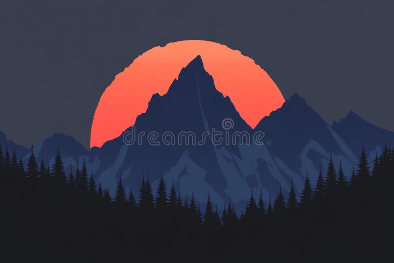 Majestic Mountain Sunset with Silhouette Trees in the Foreground vector illustration
