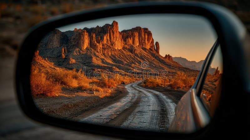 Majestic mountain view reflected in car mirror at sunset with rugged scenic road vector illustration