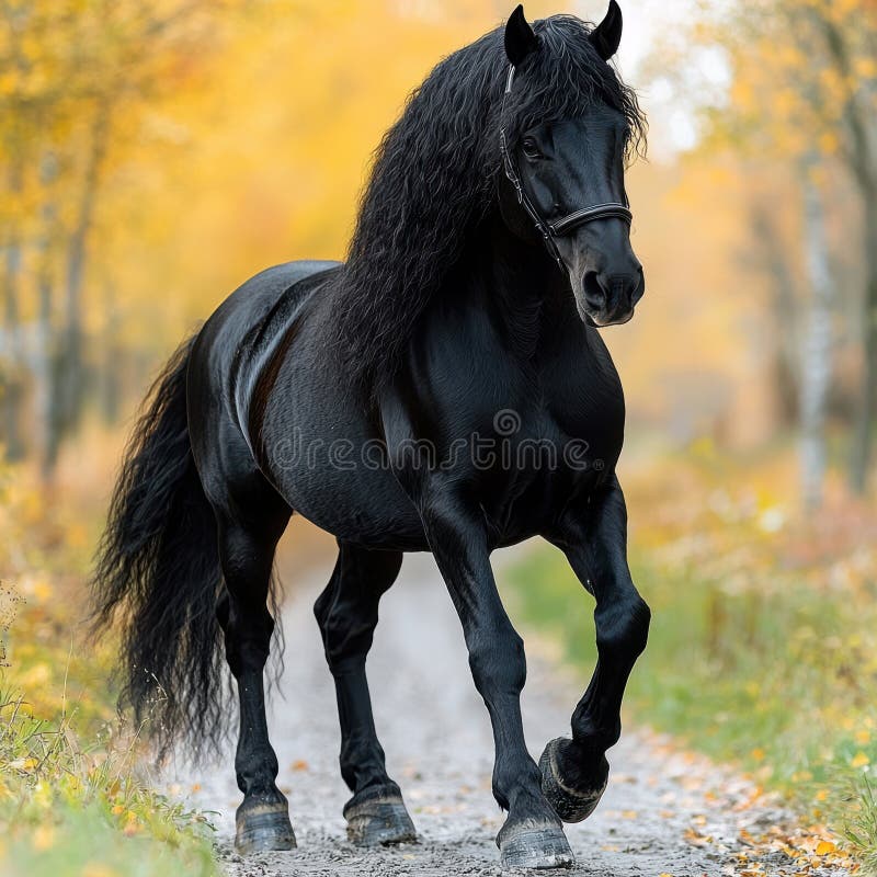 Majestic negru cal galopant în pădure de toamnă. stock illustration
