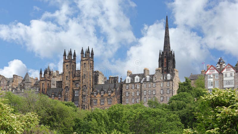 Cityscape of Edinburgh with New College and spire of former Tolbooth Kirk