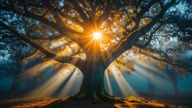 Majestic old tree with sunbeams shining through branches in misty forest royalty free illustration