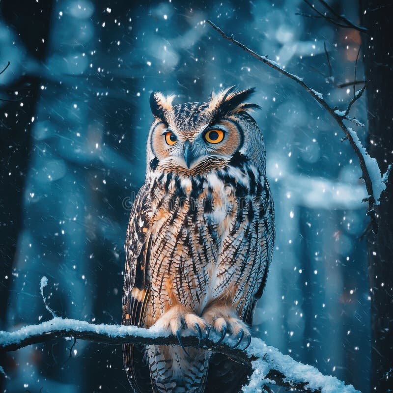 Majestic Owl Perched on Branch in Snowy Forest Setting. En stor uggla på en snötäckt gren i en stillastående skog. Dess skarpa gula ögon och detaljerade fjädrar skapar en fängslande bild av vilt under vintern Generativ AI