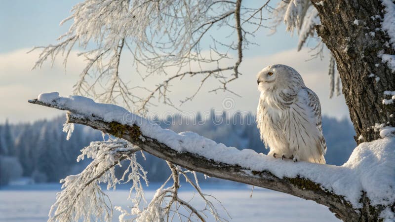 Majestic Owl Perched on SnowCovered Tree Limb Gazing in i vinterlandskapet. royaltyfri illustrationer