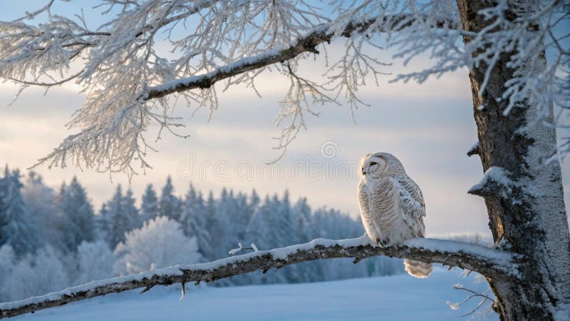 Majestic Owl Perched on SnowCovered Tree Limb Gazing in i vinterlandskapet. royaltyfri illustrationer
