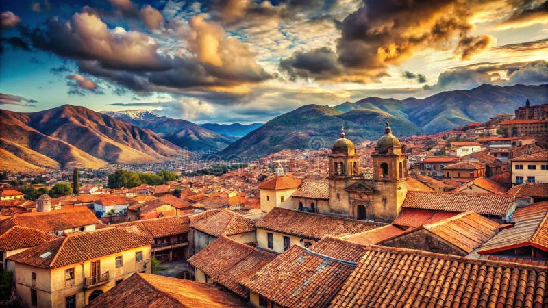 A Majestic Panoramic View of Cusco Peru Unveiling Andean Architecture and Historical Charm royaltyfri illustrationer