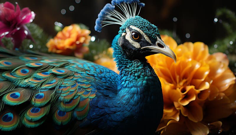 Vibrant rooster feathers showcase nature beauty generated by AI