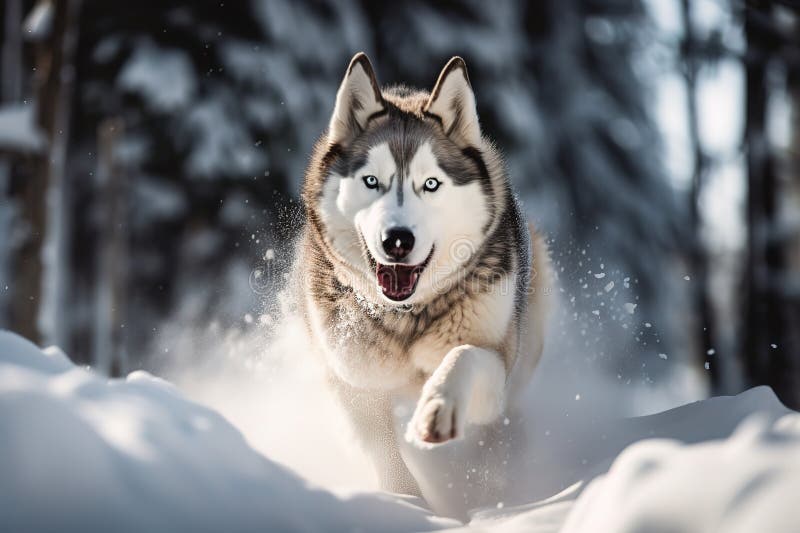 A Majestic and Powerful Siberian Husky Running in the Snow, Showing Off