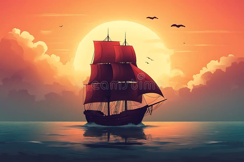 Majestic Red Sailboat Ocean Voyage Sunset Seascape Cartoonish Nautical Adventure Birds vektor illustrationer