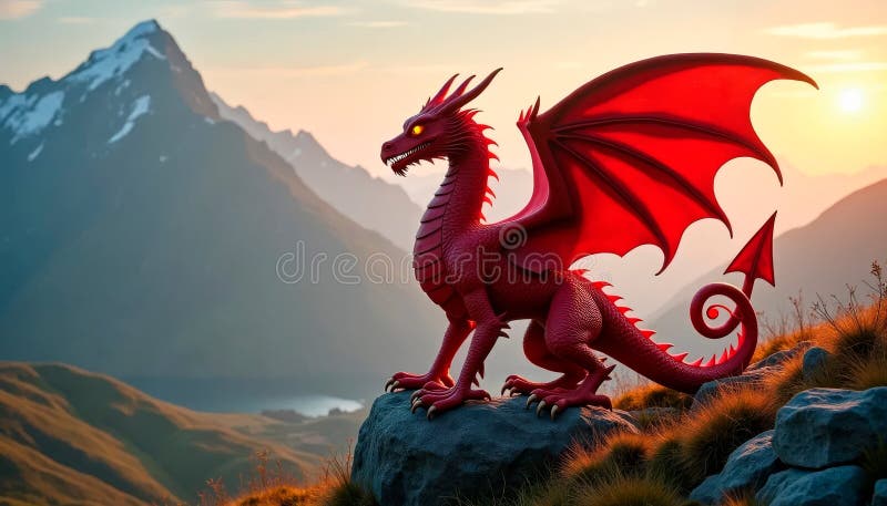 Majestic Red Welsh dragon cu ochi strălucitori cocoțat pe un afloriment stâncos împotriva un uimitor apus de soare peisaj de munte vector illustration