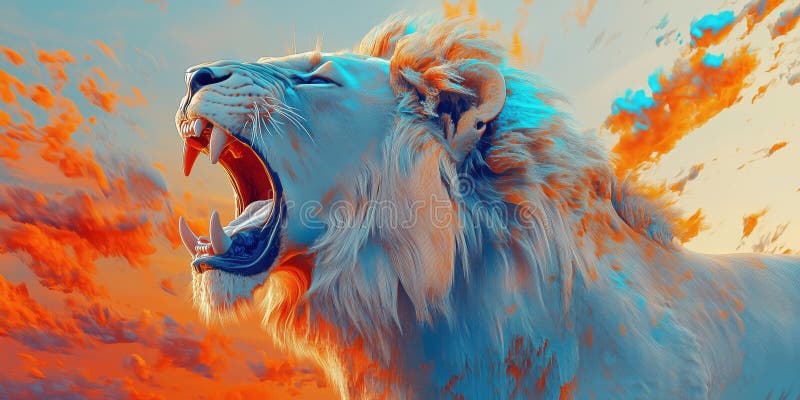Majestic roaring lion against vibrant sunset sky with dramatic clouds stock photos