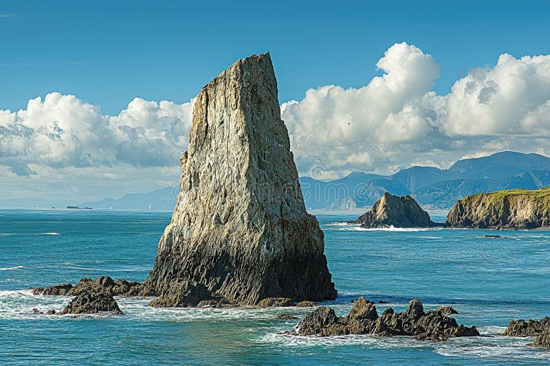 Majestic Sea Stack and Dramatic Coastal Landscape under a Blue Sky stock illustration