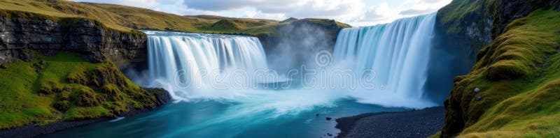 Majestic Skogafoss cascade silky glatt water long Exponeringsky som flöder inspirerande vektor illustrationer
