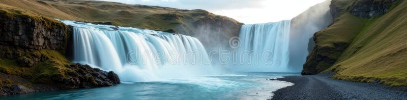 Majestic Skogafoss kaskade silke glatt vatten, jämnt och dramatiskt vektor illustrationer