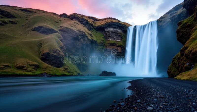 Majestic Skogafoss vattenfall silky glatt vatten lång exponering fotograferad eterisk lugn stock illustrationer