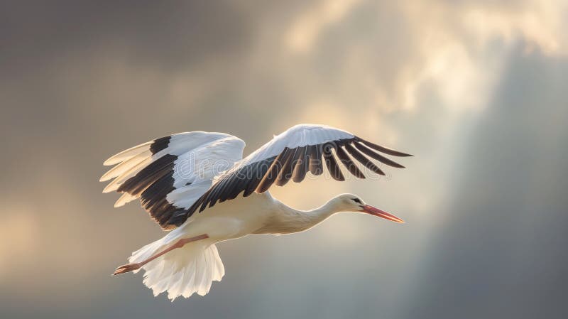 A graceful white stork captured mid-flight with a soft golden light illuminating its widespread wings. AI generated. A graceful white stork captured mid-flight with a soft golden light illuminating its widespread wings. AI generated