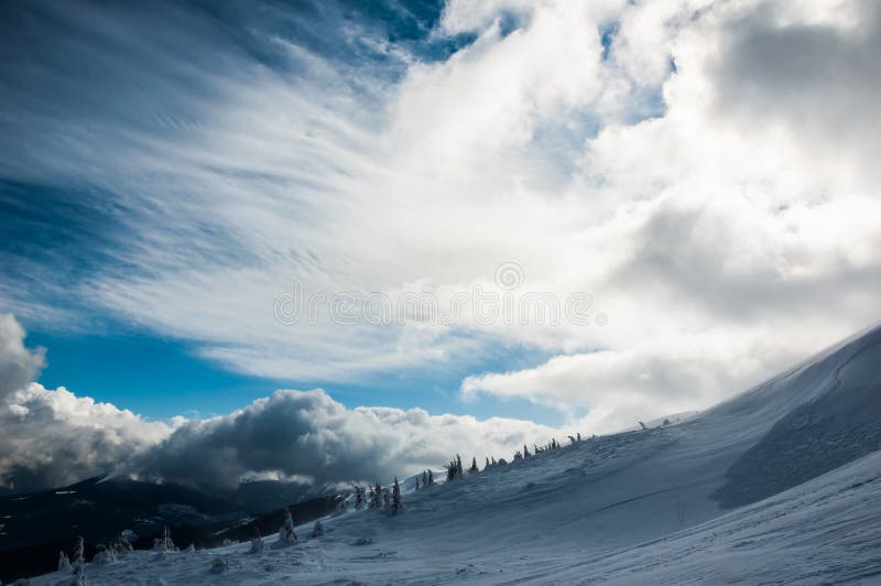 Majestic sunset in the winter mountains landscape