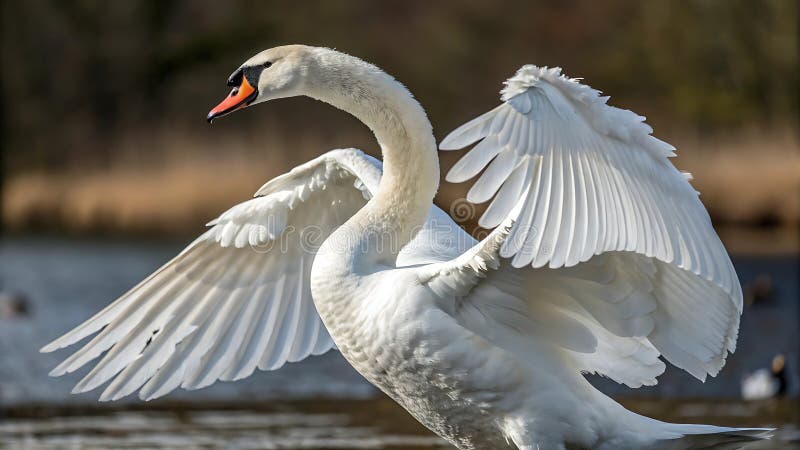 Majestic Swan breitet seine beeindruckenden Flügel über die Wasseroberfläche Stock Foto Generative AI stock abbildung
