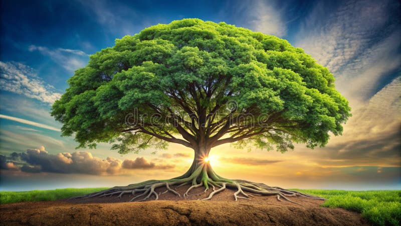 Majestic Tree with Deep Roots Symbolic for Growth and Stability Concepts Creative AI royalty free stock photo