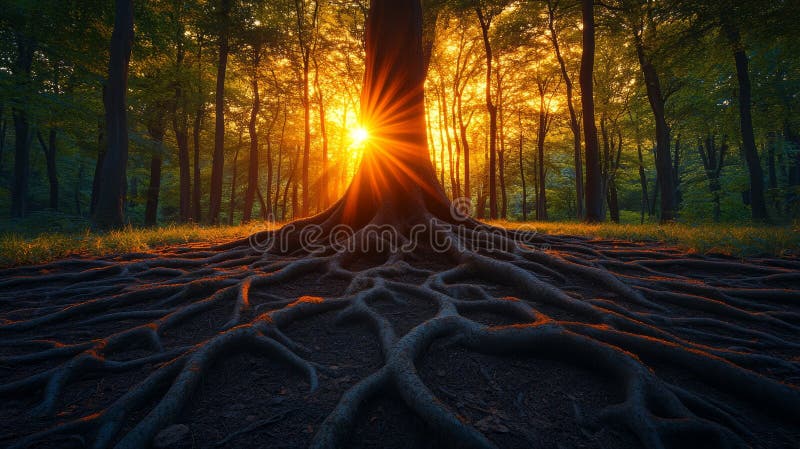 Majestic tree with expansive roots in a sunlit forest at sunrise, emphasizing nature&#x27;s beauty and connection stock photo