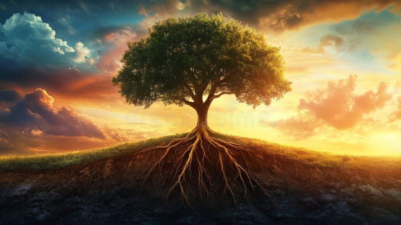 Majestic tree with exposed roots at sunset, vibrant sky. Nature&#x27;s endurance concept royalty free stock images